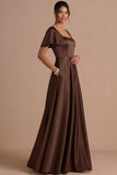 Brown A Line Satin Square Neck Long Wedding Guest Dress with Short Sleeves