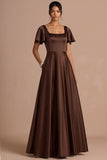 Brown A Line Satin Square Neck Long Wedding Guest Dress with Short Sleeves