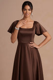 Brown A Line Satin Square Neck Long Wedding Guest Dress with Short Sleeves