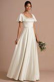 Brown A Line Satin Square Neck Long Wedding Guest Dress with Short Sleeves