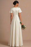 Brown A Line Satin Square Neck Long Wedding Guest Dress with Short Sleeves