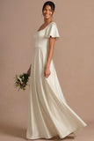 Brown A Line Satin Square Neck Long Wedding Guest Dress with Short Sleeves