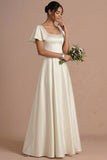 Brown A Line Satin Square Neck Long Wedding Guest Dress with Short Sleeves