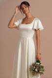 Brown A Line Satin Square Neck Long Wedding Guest Dress with Short Sleeves
