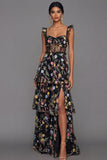 Mauve Corset A Line Floral Embroidered Long Formal Dress with Slit