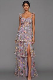Mauve Corset A Line Floral Embroidered Long Formal Dress with Slit