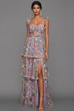 Mauve Corset A Line Floral Embroidered Long Formal Dress with Slit