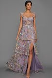 Mauve Corset A Line Floral Embroidered Long Formal Dress with Slit