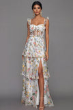 Mauve Corset A Line Floral Embroidered Long Formal Dress with Slit