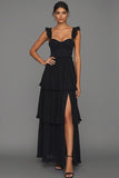 Black Corset Spaghetti Straps A Line Long Formal Dress with Slit