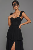 Black Corset Spaghetti Straps A Line Long Formal Dress with Slit