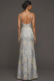 Dusty Blue Jacquard Floral Spaghetti Straps Long Formal Dress with Slit
