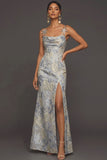 Dusty Blue Jacquard Floral Spaghetti Straps Long Formal Dress with Slit