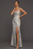 Dusty Blue Jacquard Floral Spaghetti Straps Long Formal Dress with Slit