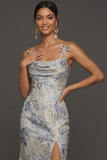Dusty Blue Jacquard Floral Spaghetti Straps Long Formal Dress with Slit