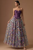 Dark Purple Floral Corset A Line Embroidered Long Formal Dress