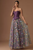 Dark Purple Floral Corset A Line Embroidered Long Formal Dress