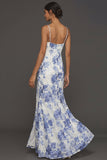 Light Blue Mermaid Floral Spaghetti Straps Long Wedding Guest Dress with Slit