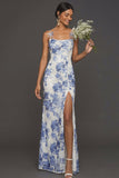 Light Blue Mermaid Floral Spaghetti Straps Long Wedding Guest Dress with Slit
