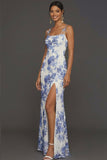 Light Blue Mermaid Floral Spaghetti Straps Long Wedding Guest Dress with Slit