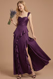 Satin Purple Sheath Ruffled Thick Straps Long Wedding Guest Dress with Slit