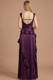Satin Purple Sheath Ruffled Thick Straps Long Wedding Guest Dress with Slit