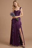 Satin Purple Sheath Ruffled Thick Straps Long Wedding Guest Dress with Slit