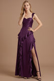 Satin Purple Sheath Ruffled Thick Straps Long Wedding Guest Dress with Slit