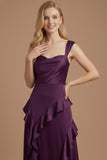 Satin Purple Sheath Ruffled Thick Straps Long Wedding Guest Dress with Slit