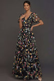 Mauve A Line Embroidered Floral V Neck Long Formal Dress