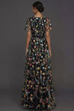 Mauve A Line Embroidered Floral V Neck Long Formal Dress
