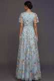 Mauve A Line Embroidered Floral V Neck Long Formal Dress