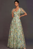 Mauve A Line Embroidered Floral V Neck Long Formal Dress
