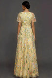 Mauve A Line Embroidered Floral V Neck Long Formal Dress