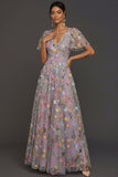 Mauve A Line Embroidered Floral V Neck Long Formal Dress
