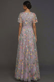 Mauve A Line Embroidered Floral V Neck Long Formal Dress