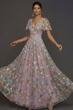 Mauve A Line Embroidered Floral V Neck Long Formal Dress