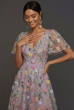 Mauve A Line Embroidered Floral V Neck Long Formal Dress
