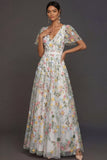 Mauve A Line Embroidered Floral V Neck Long Formal Dress