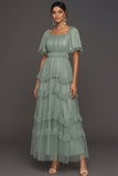 Dusty Sage A Line Ruffled Tiered Square Neck Long Wedding Guest Dress