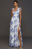 Blue Floral A Line V Neck Sleeveless Maxi Wedding Guest Dress with Slit
