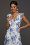 Blue Floral A Line V Neck Sleeveless Maxi Wedding Guest Dress with Slit