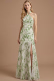 Green Floral Mermaid Halter Neck Pleated Long Wedding Guest Dress with Slit