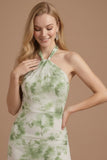 Green Floral Mermaid Halter Neck Pleated Long Wedding Guest Dress with Slit