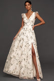 Lilac Flora Appliqued V Neck A Line Long Formal Dress with Slit