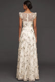 Lilac Flora Appliqued V Neck A Line Long Formal Dress with Slit