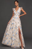 Lilac Flora Appliqued V Neck A Line Long Formal Dress with Slit