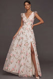 Lilac Flora Appliqued V Neck A Line Long Formal Dress with Slit