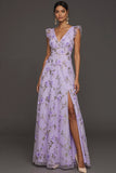 Lilac Flora Appliqued V Neck A Line Long Formal Dress with Slit