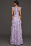 Lilac Flora Appliqued V Neck A Line Long Formal Dress with Slit